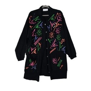 VINTAGE Anne-Marie Designs Art Cardigan Womens Large Black Neon Hand Painted 80s